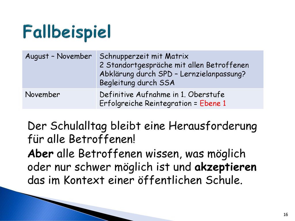Fallbeispiel August – November. Schnupperzeit mit Matrix. 2 Standortgespräche mit allen Betroffenen.