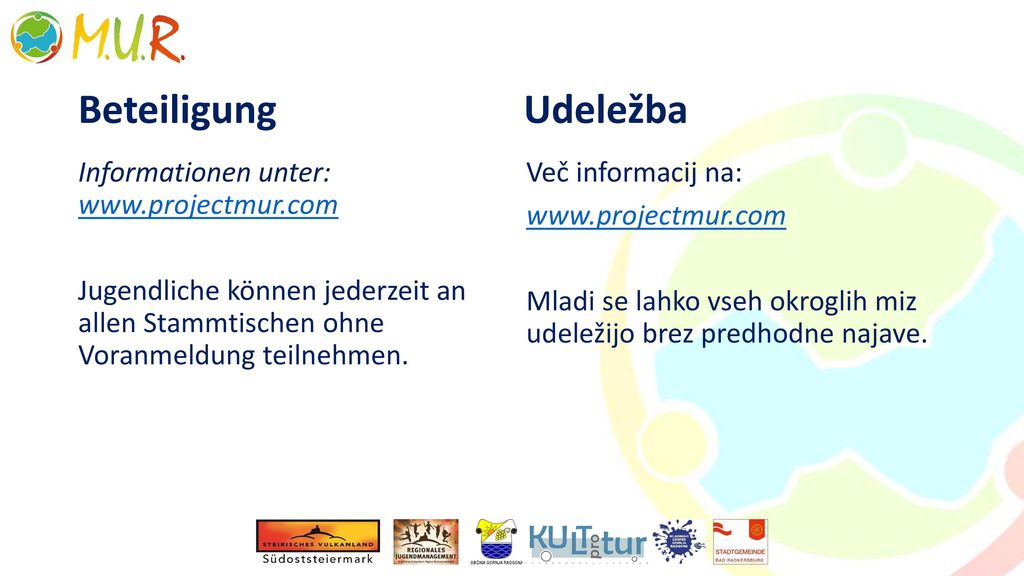 Beteiligung Udeležba. Informationen unter:   Jugendliche können jederzeit an allen Stammtischen ohne Voranmeldung teilnehmen.