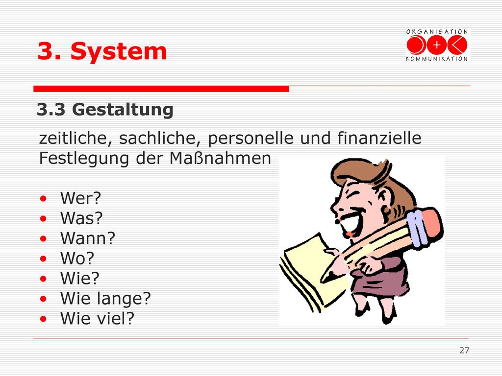 3. System 3.3 Gestaltung. zeitliche, sachliche, personelle und finanzielle Festlegung der Maßnahmen.