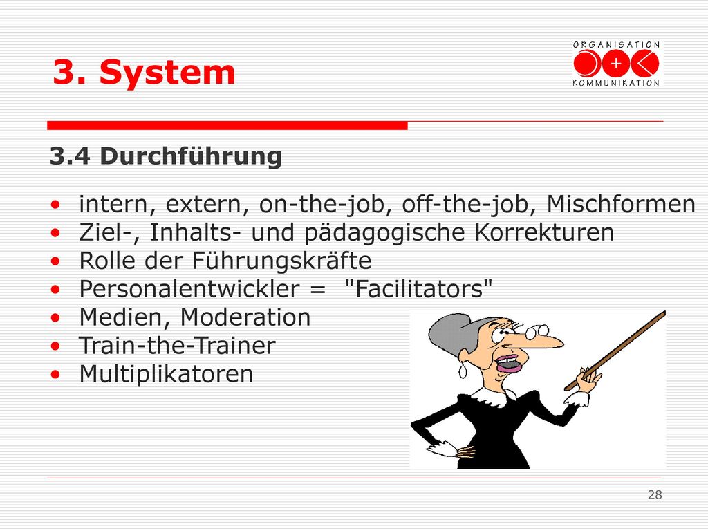 3. System 3.4 Durchführung. intern, extern, on-the-job, off-the-job, Mischformen. Ziel-, Inhalts- und pädagogische Korrekturen.