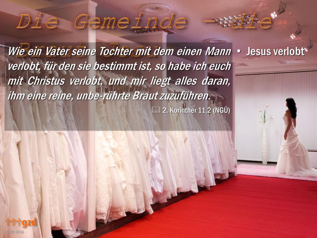 Wie ein Vater seine Tochter mit dem einen Mann verlobt, für den sie bestimmt ist, so habe ich euch mit Christus verlobt, und mir liegt alles daran, ihm eine reine, unbe-rührte Braut zuzuführen.