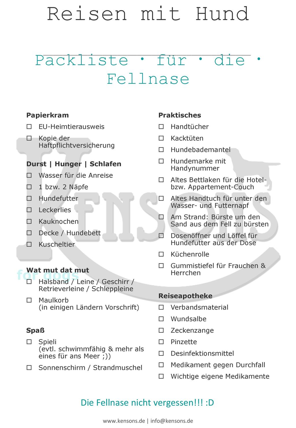 Reisen mit Hund Packliste  für  die  Fellnase