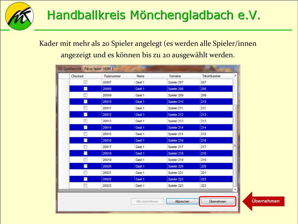 Kader mit mehr als 20 Spieler angelegt (es werden alle Spieler/innen