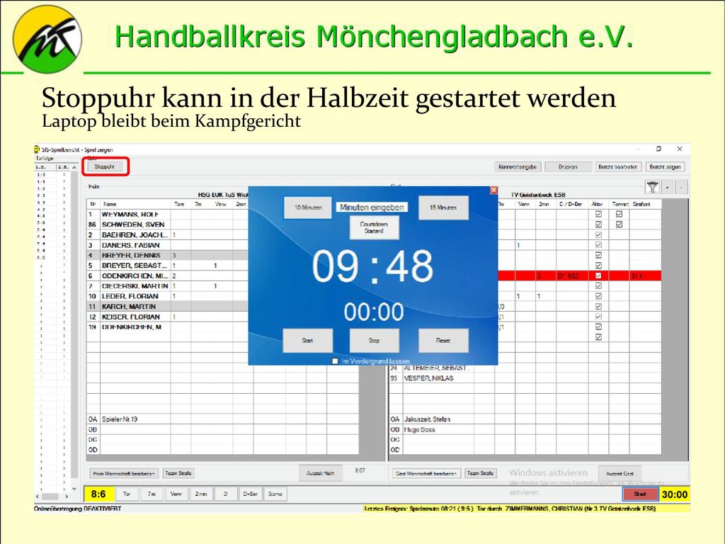 Stoppuhr kann in der Halbzeit gestartet werden Laptop bleibt beim Kampfgericht