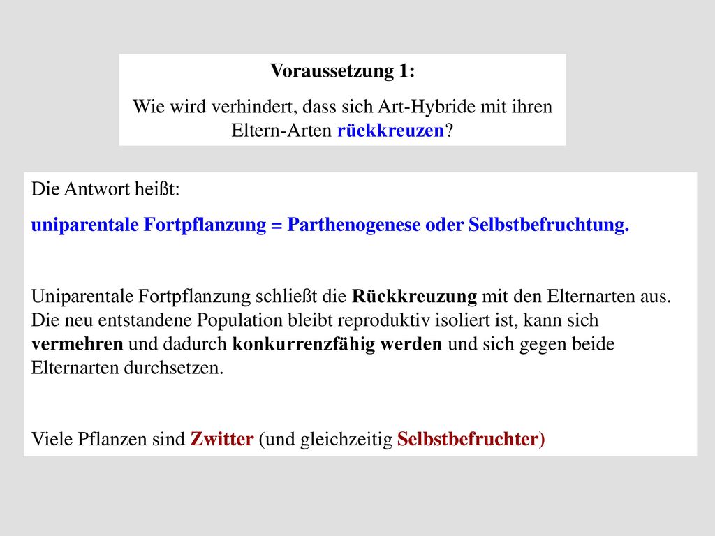 Voraussetzung 1: Wie wird verhindert, dass sich Art-Hybride mit ihren Eltern-Arten rückkreuzen Die Antwort heißt: