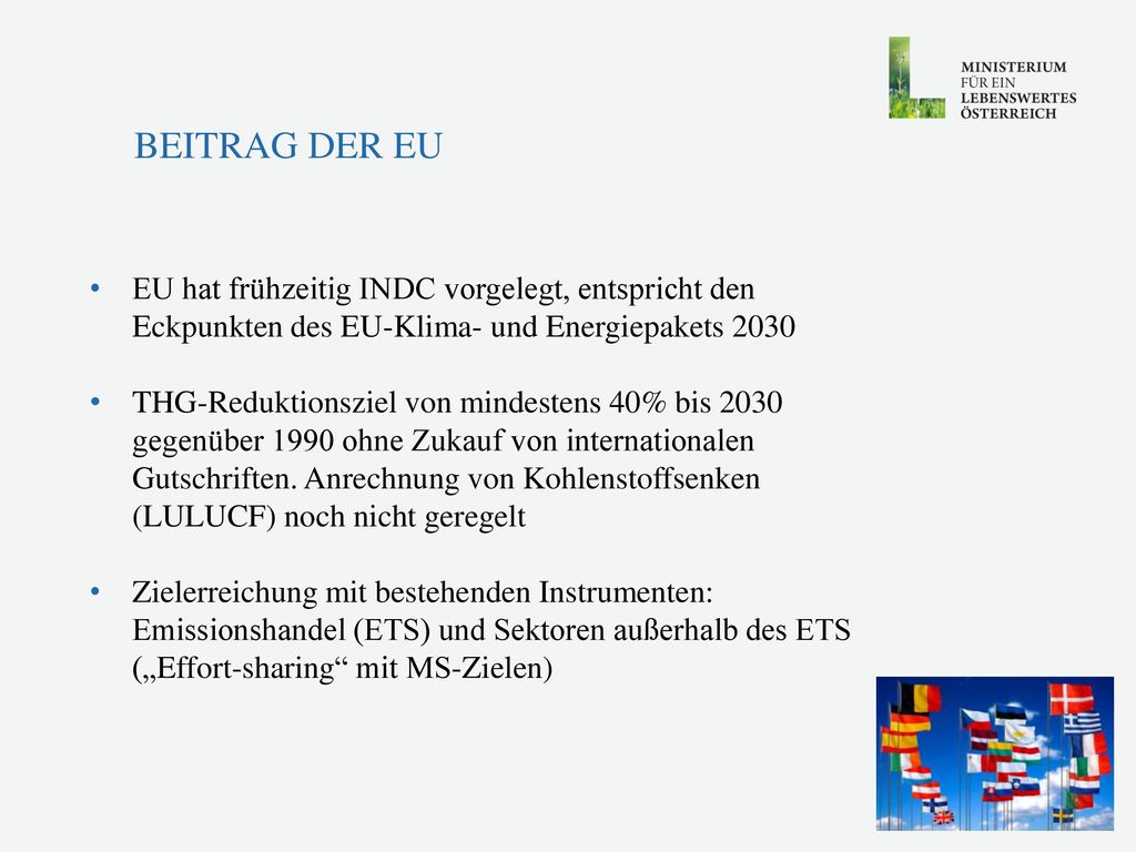 Beitrag der EU EU hat frühzeitig INDC vorgelegt, entspricht den Eckpunkten des EU-Klima- und Energiepakets