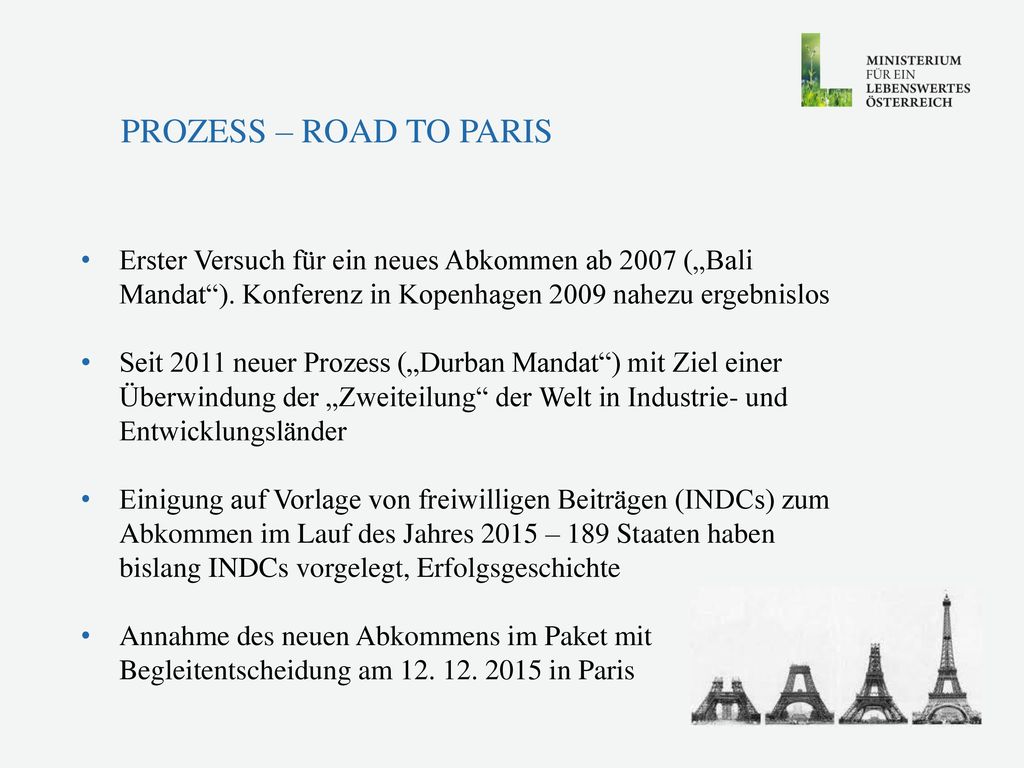 Prozess – Road to Paris Erster Versuch für ein neues Abkommen ab 2007 („Bali Mandat ). Konferenz in Kopenhagen 2009 nahezu ergebnislos.