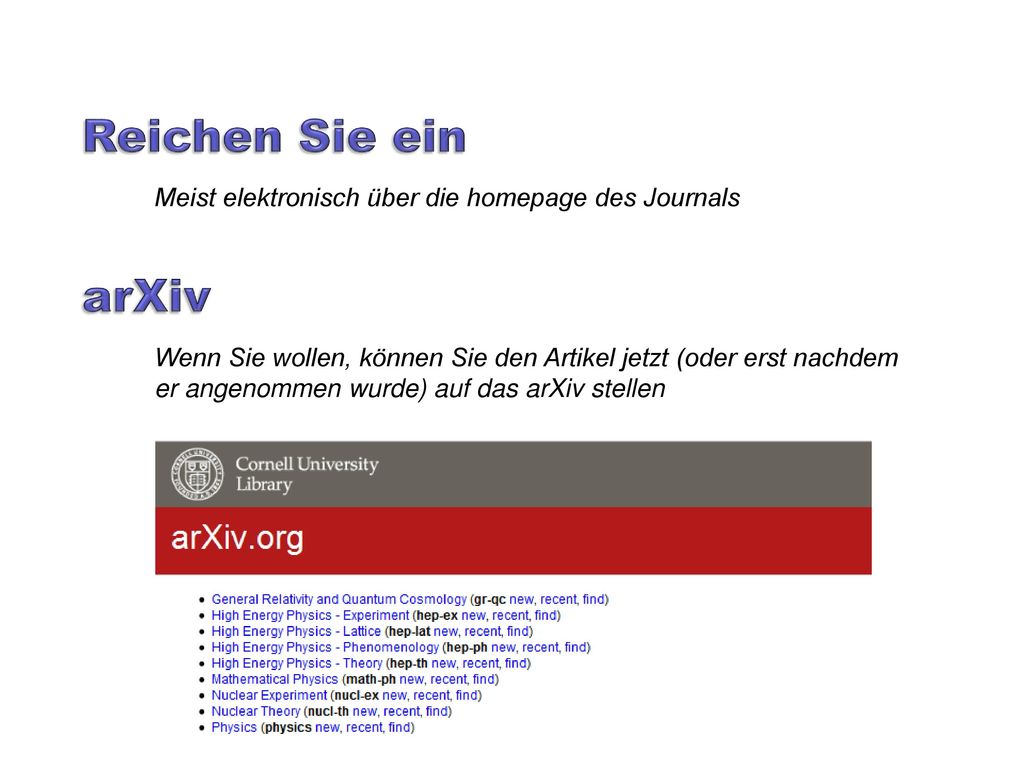 Reichen Sie ein Meist elektronisch über die homepage des Journals. arXiv.