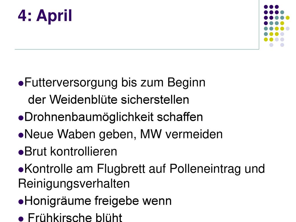 4: April Futterversorgung bis zum Beginn der Weidenblüte sicherstellen