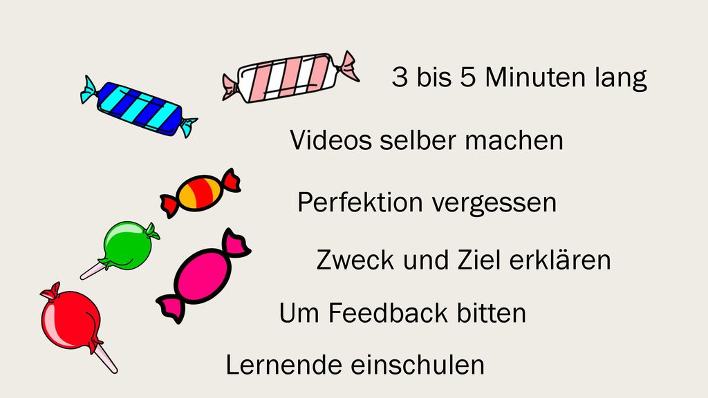 3 bis 5 Minuten lang Videos selber machen. Perfektion vergessen. Zweck und Ziel erklären. Um Feedback bitten.