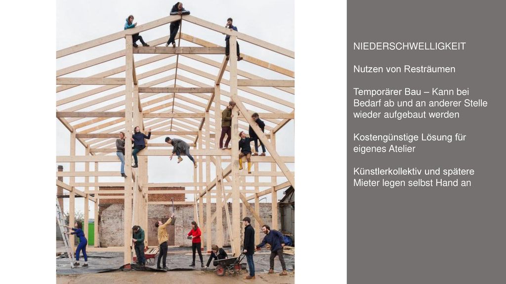 NIEDERSCHWELLIGKEIT Nutzen von Resträumen. Temporärer Bau – Kann bei Bedarf ab und an anderer Stelle wieder aufgebaut werden.