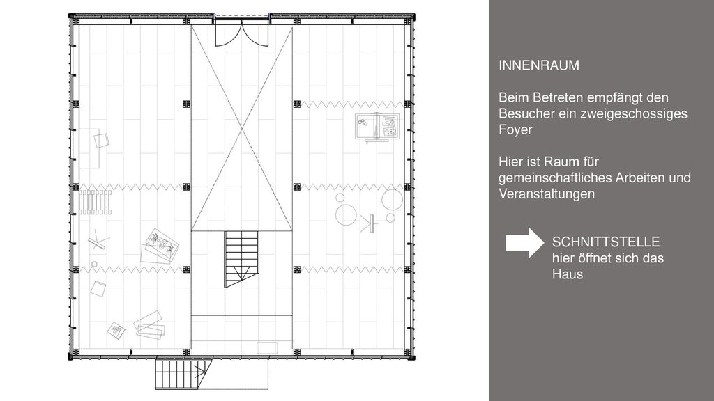 INNENRAUM Beim Betreten empfängt den Besucher ein zweigeschossiges Foyer. Hier ist Raum für gemeinschaftliches Arbeiten und Veranstaltungen.