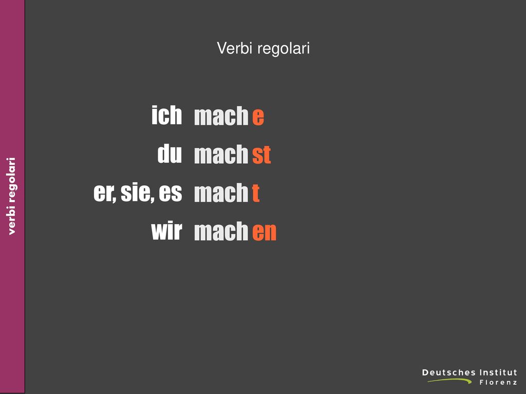Verbi regolari ich du er, sie, es wir mach e st t en