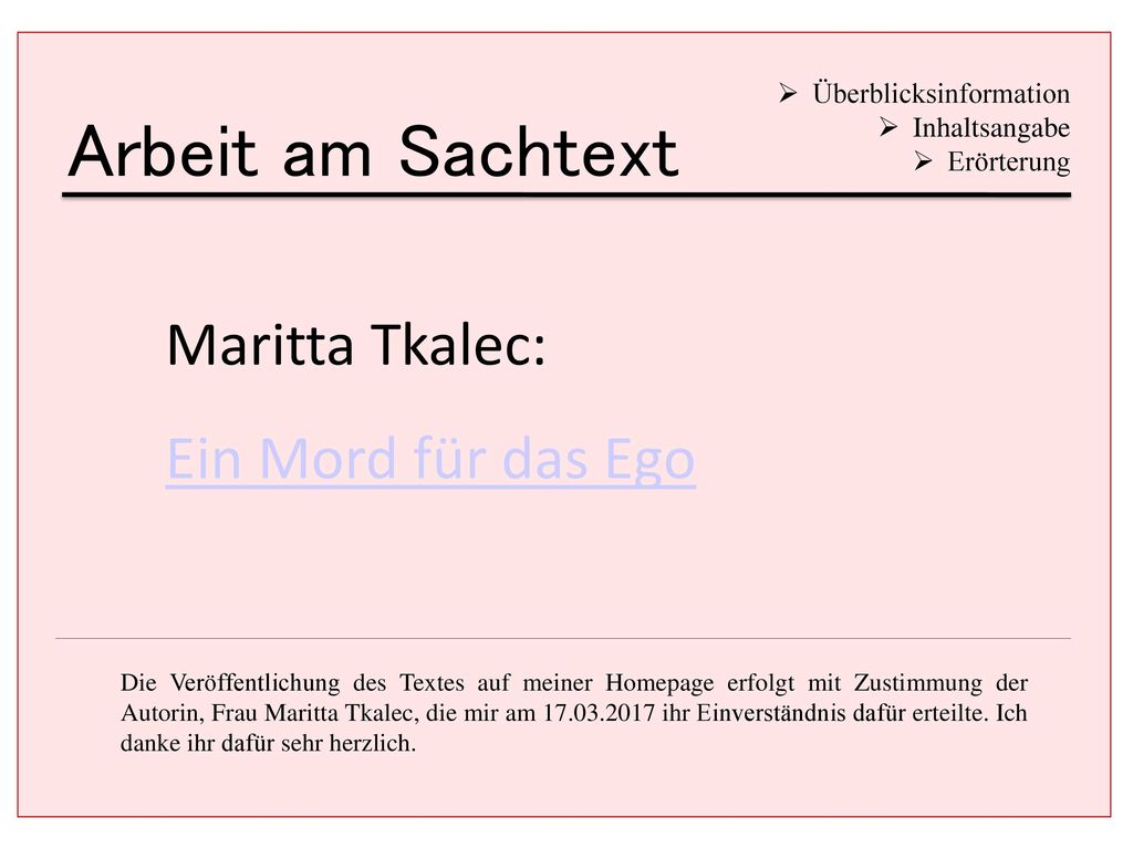 Arbeit am Sachtext Maritta Tkalec: Ein Mord für das Ego