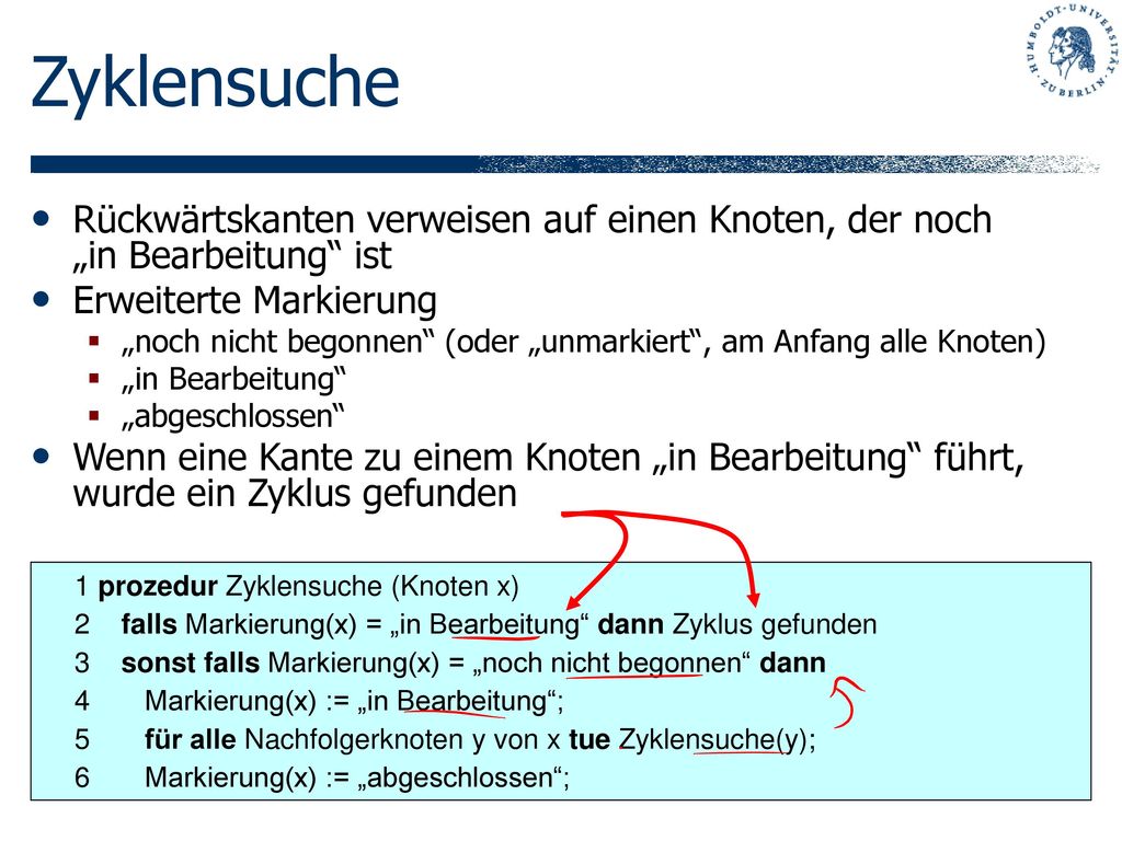 Zyklensuche Rückwärtskanten verweisen auf einen Knoten, der noch „in Bearbeitung ist. Erweiterte Markierung.