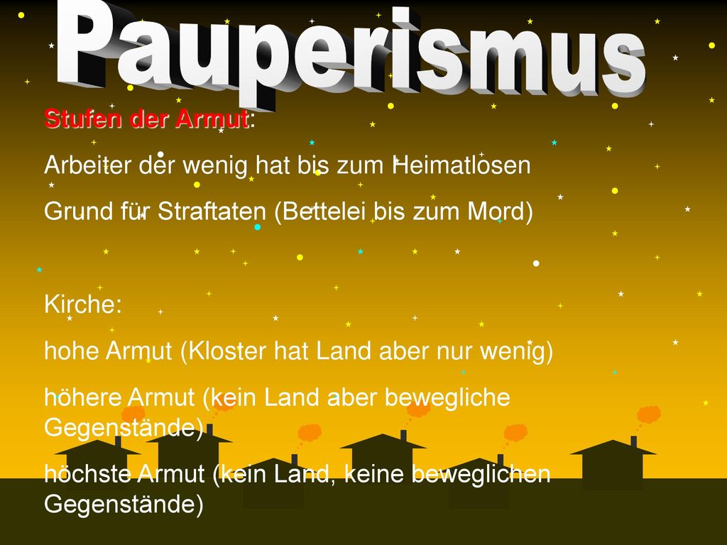 Stufen der Armut: Arbeiter der wenig hat bis zum Heimatlosen. Grund für Straftaten (Bettelei bis zum Mord)