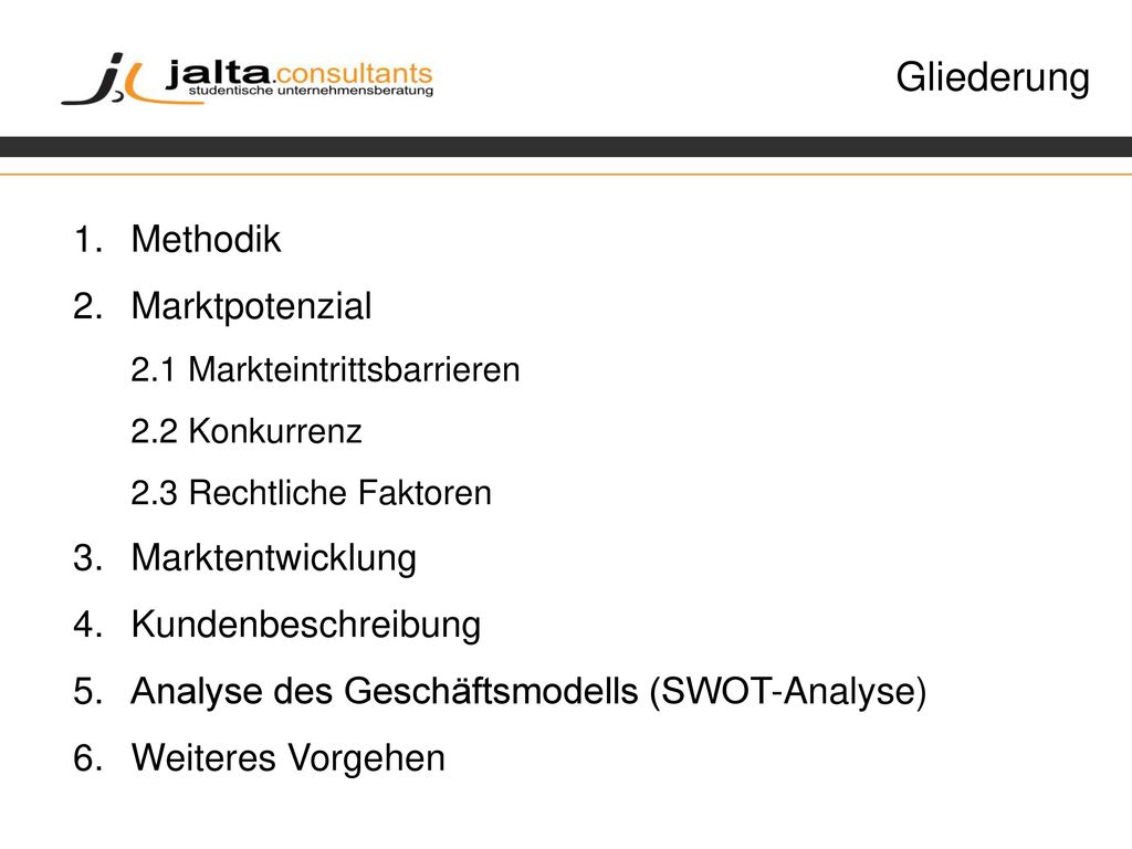 Gliederung Methodik. Marktpotenzial 2.1 Markteintrittsbarrieren 2.2 Konkurrenz 2.3 Rechtliche Faktoren.