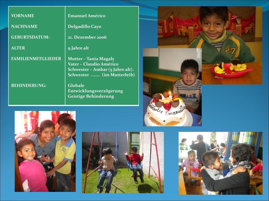 VORNAME NACHNAME. GEBURTSDATUM: ALTER. FAMILIENMITGLIEDER. BEHINDERUNG: Emanuel Américo. Delgadillo Cayo.
