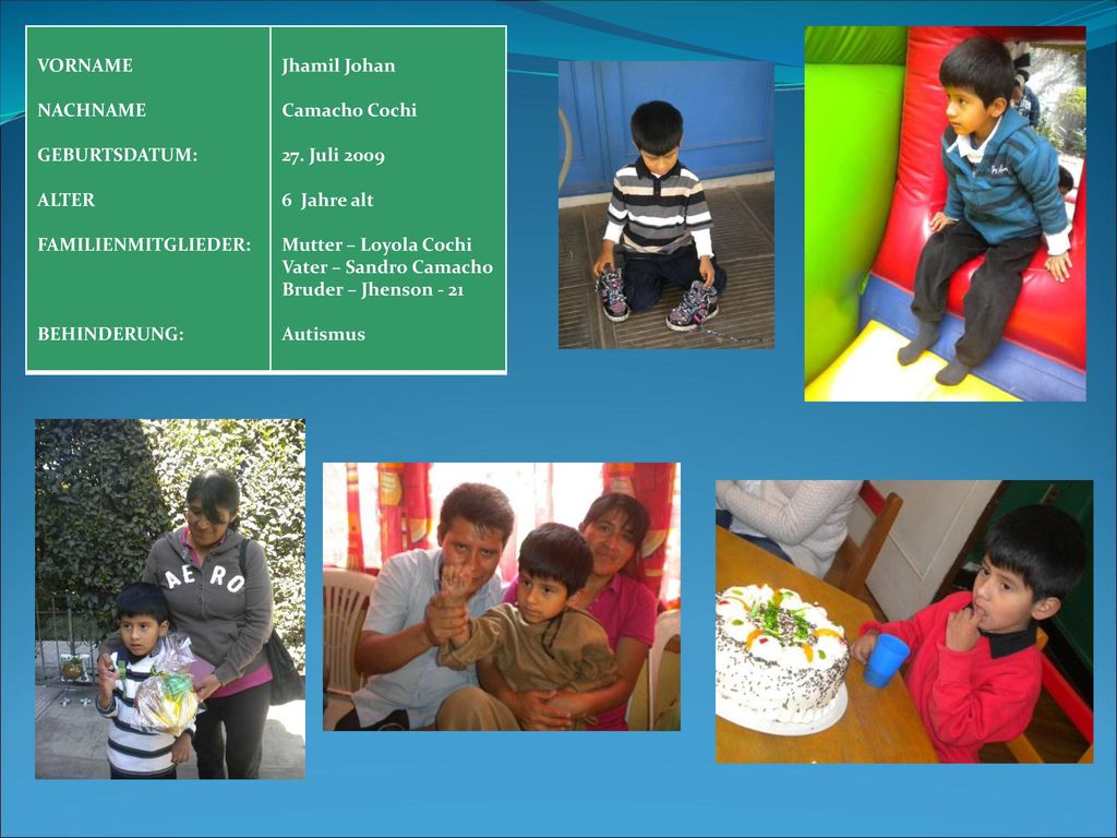 VORNAME NACHNAME. GEBURTSDATUM: ALTER. FAMILIENMITGLIEDER: BEHINDERUNG: Jhamil Johan. Camacho Cochi.