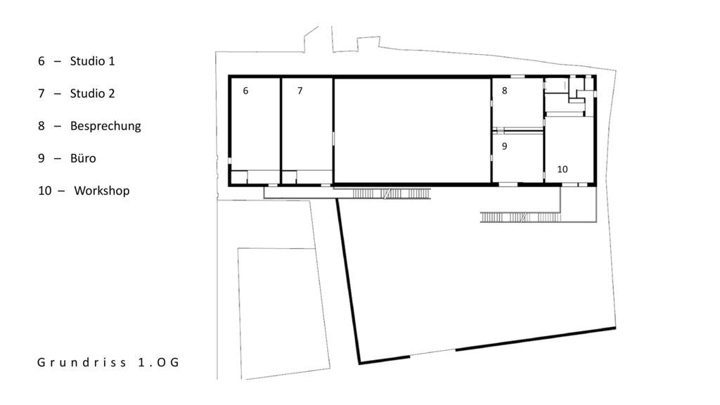 6 – Studio 1 7 – Studio 2 8 – Besprechung 9 – Büro 10 – Workshop