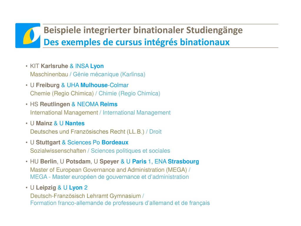 Beispiele integrierter binationaler Studiengänge Des exemples de cursus intégrés binationaux