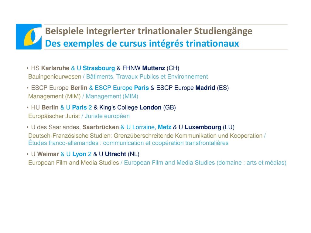 Beispiele integrierter trinationaler Studiengänge Des exemples de cursus intégrés trinationaux