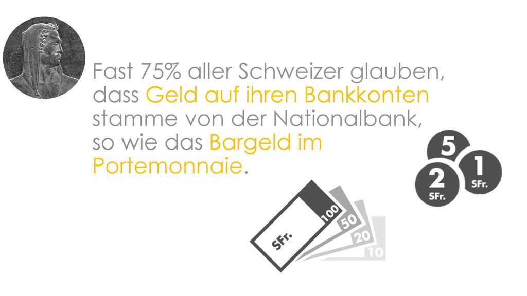 Fast 75% aller Schweizer glauben, dass Geld auf ihren Bankkonten stamme von der Nationalbank, so wie das Bargeld im Portemonnaie.
