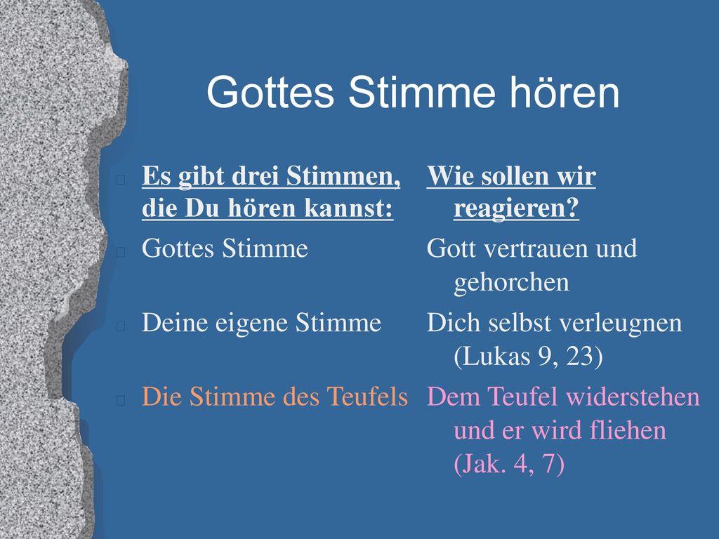 Gottes Stimme hören Es gibt drei Stimmen, die Du hören kannst: