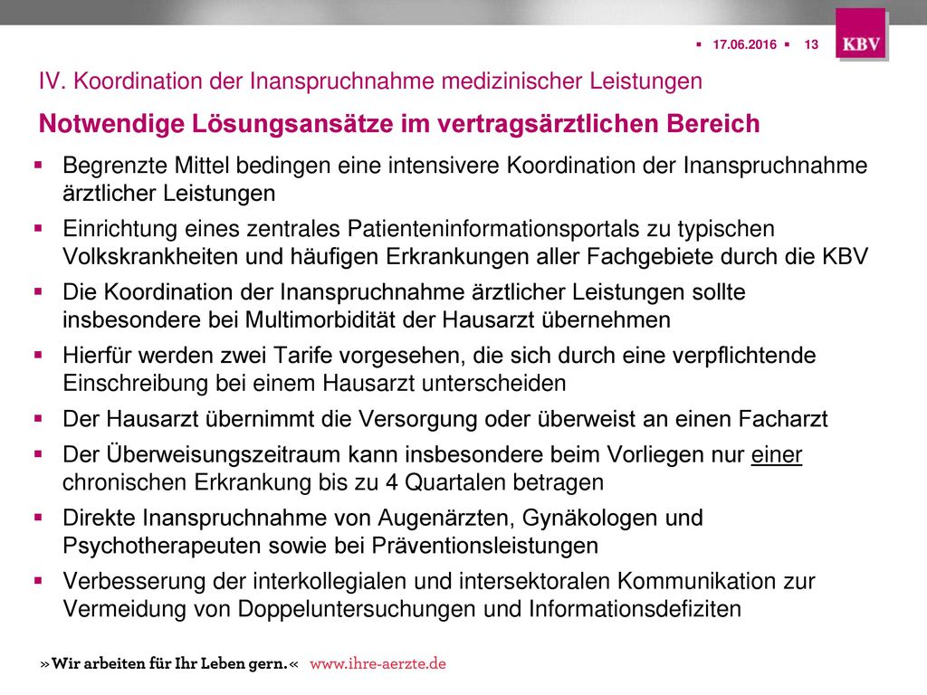 IV. Koordination der Inanspruchnahme medizinischer Leistungen Notwendige Lösungsansätze im vertragsärztlichen Bereich