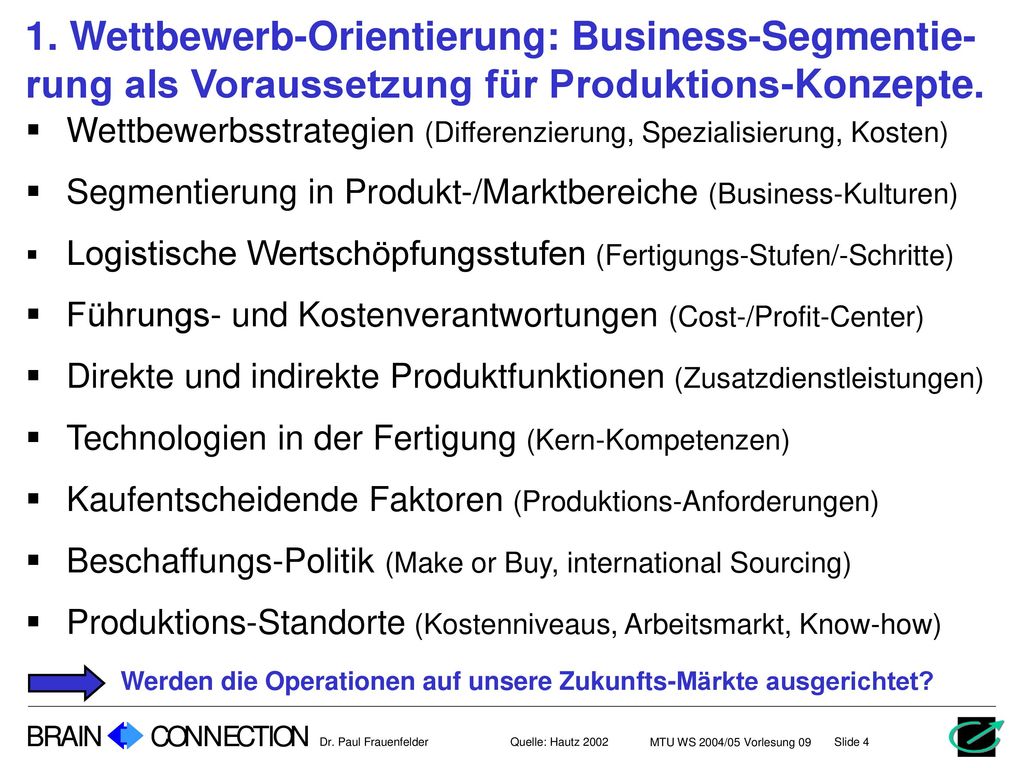 Wettbewerb-Orientierung: Business-Segmentie-rung als Voraussetzung für Produktions-Konzepte.