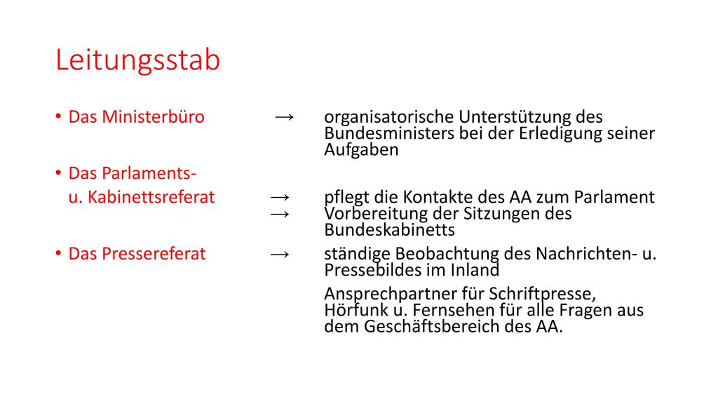 Leitungsstab Das Ministerbüro → organisatorische Unterstützung des Bundesministers bei der Erledigung seiner Aufgaben.