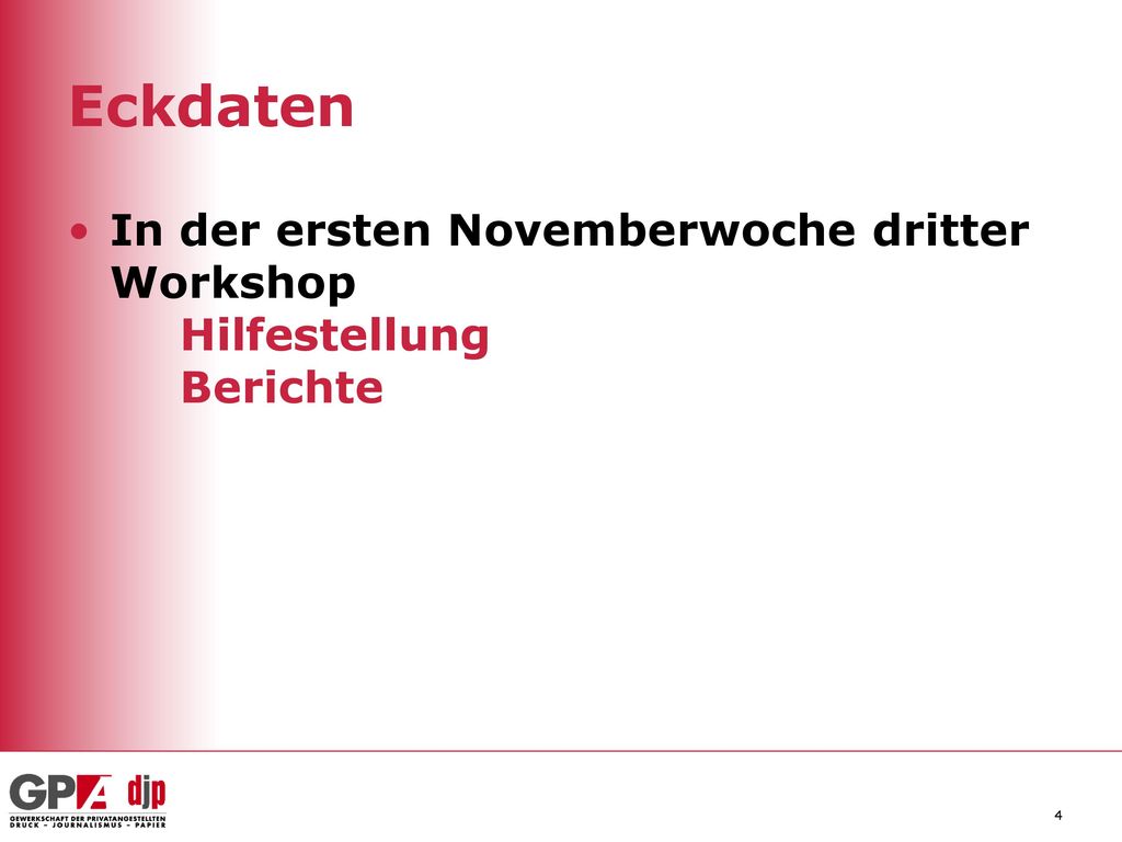 Eckdaten In der ersten Novemberwoche dritter Workshop Hilfestellung Berichte
