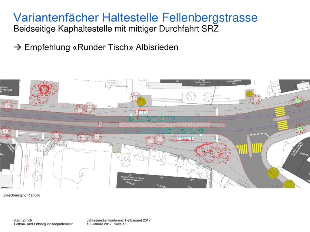 Variantenfächer Haltestelle Fellenbergstrasse Beidseitige Kaphaltestelle mit mittiger Durchfahrt SRZ  Empfehlung «Runder Tisch» Albisrieden