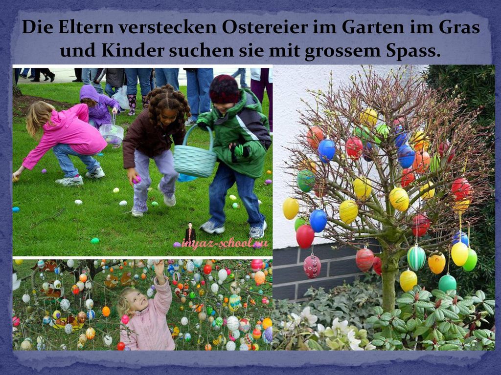 Die Eltern verstecken Ostereier im Garten im Gras und Kinder suchen sie mit grossem Spass.