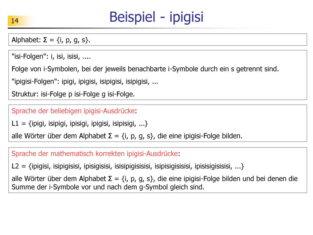 Beispiel - ipigisi Alphabet: Σ = {i, p, g, s}.