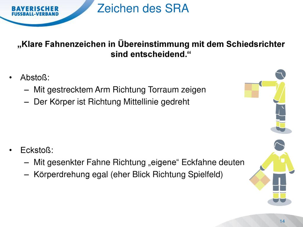 Zeichen des SRA „Klare Fahnenzeichen in Übereinstimmung mit dem Schiedsrichter sind entscheidend. Abstoß: