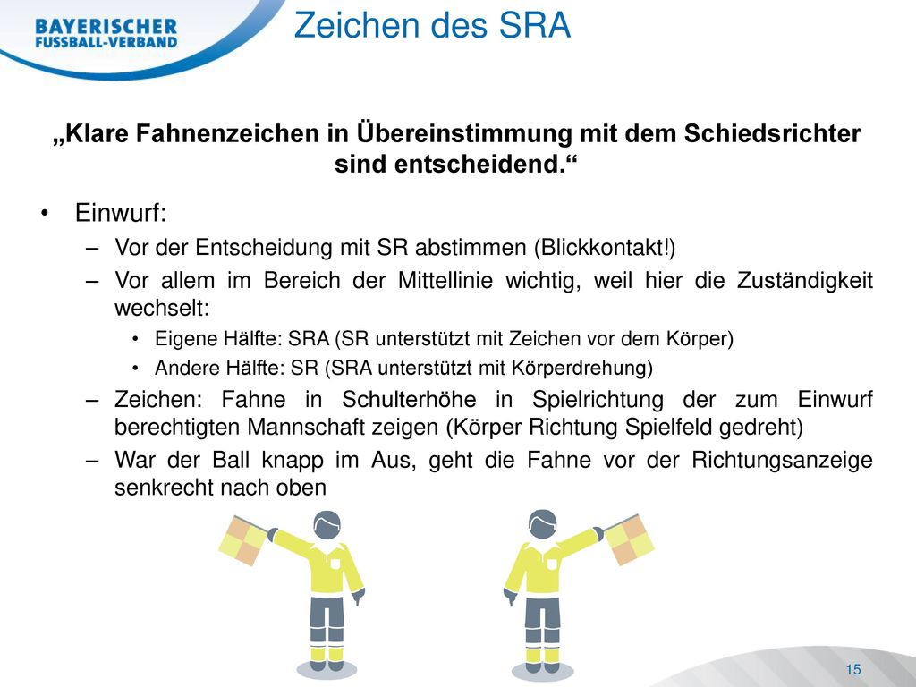 Zeichen des SRA „Klare Fahnenzeichen in Übereinstimmung mit dem Schiedsrichter sind entscheidend. Einwurf: