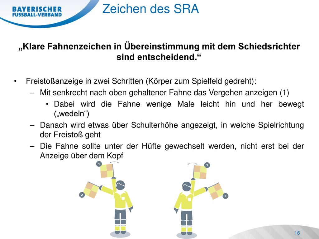 Zeichen des SRA „Klare Fahnenzeichen in Übereinstimmung mit dem Schiedsrichter sind entscheidend.