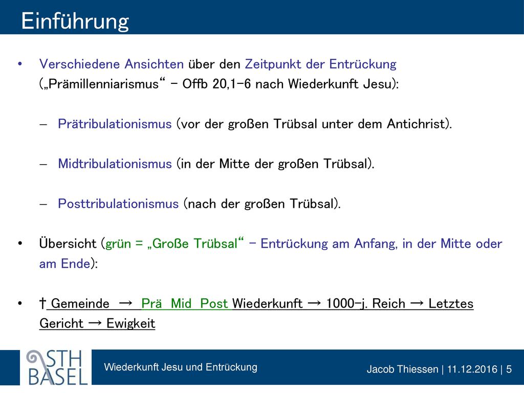 Einführung Verschiedene Ansichten über den Zeitpunkt der Entrückung („Prämillenniarismus – Offb 20,1-6 nach Wiederkunft Jesu):