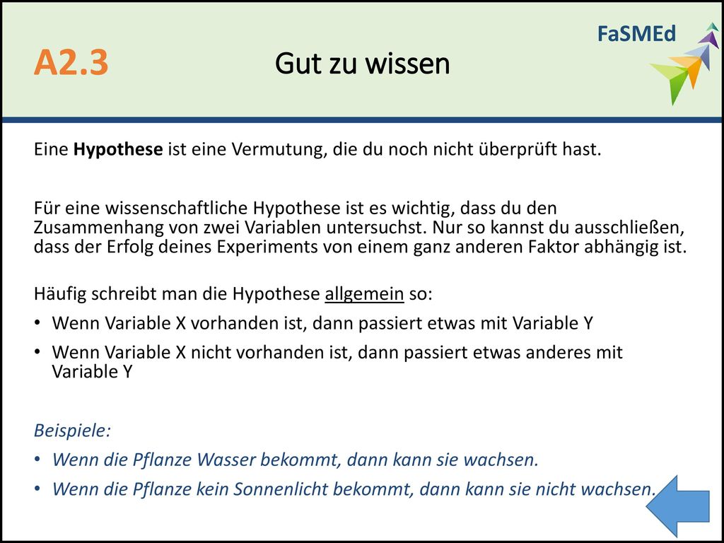 FaSMEd Gut zu wissen. A2.3. Eine Hypothese ist eine Vermutung, die du noch nicht überprüft hast.