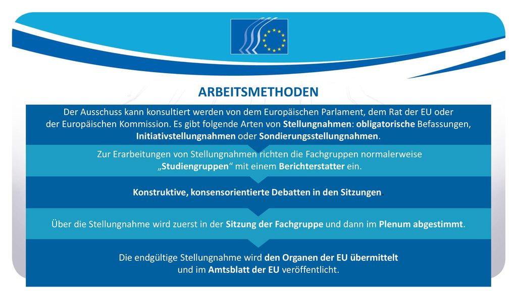 ARBEITSMETHODEN Der Ausschuss kann konsultiert werden von dem Europäischen Parlament, dem Rat der EU oder.