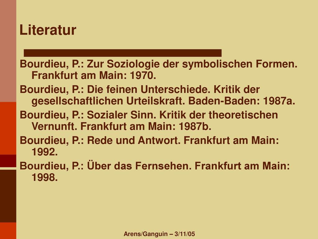 Literatur Bourdieu, P.: Zur Soziologie der symbolischen Formen. Frankfurt am Main: