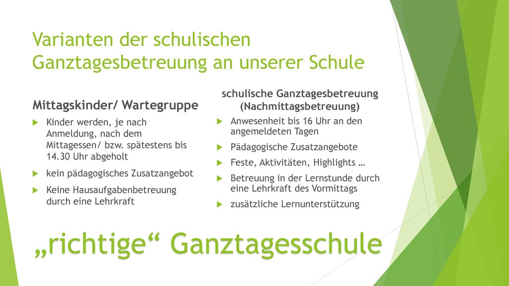 Varianten der schulischen Ganztagesbetreuung an unserer Schule
