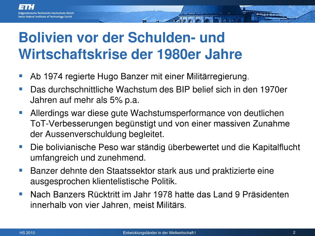Bolivien vor der Schulden- und Wirtschaftskrise der 1980er Jahre