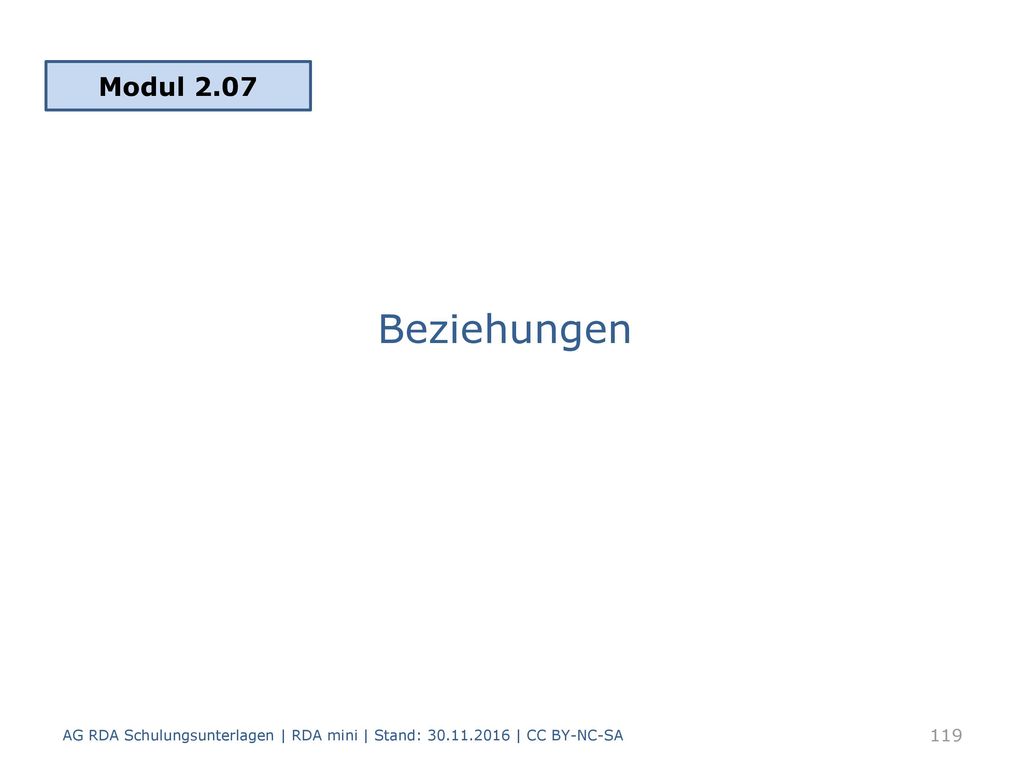 Modul 2.07 Beziehungen AG RDA Schulungsunterlagen | RDA mini | Stand: | CC BY-NC-SA