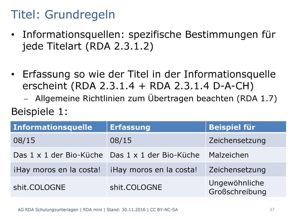 Titel: Grundregeln Informationsquellen: spezifische Bestimmungen für jede Titelart (RDA )