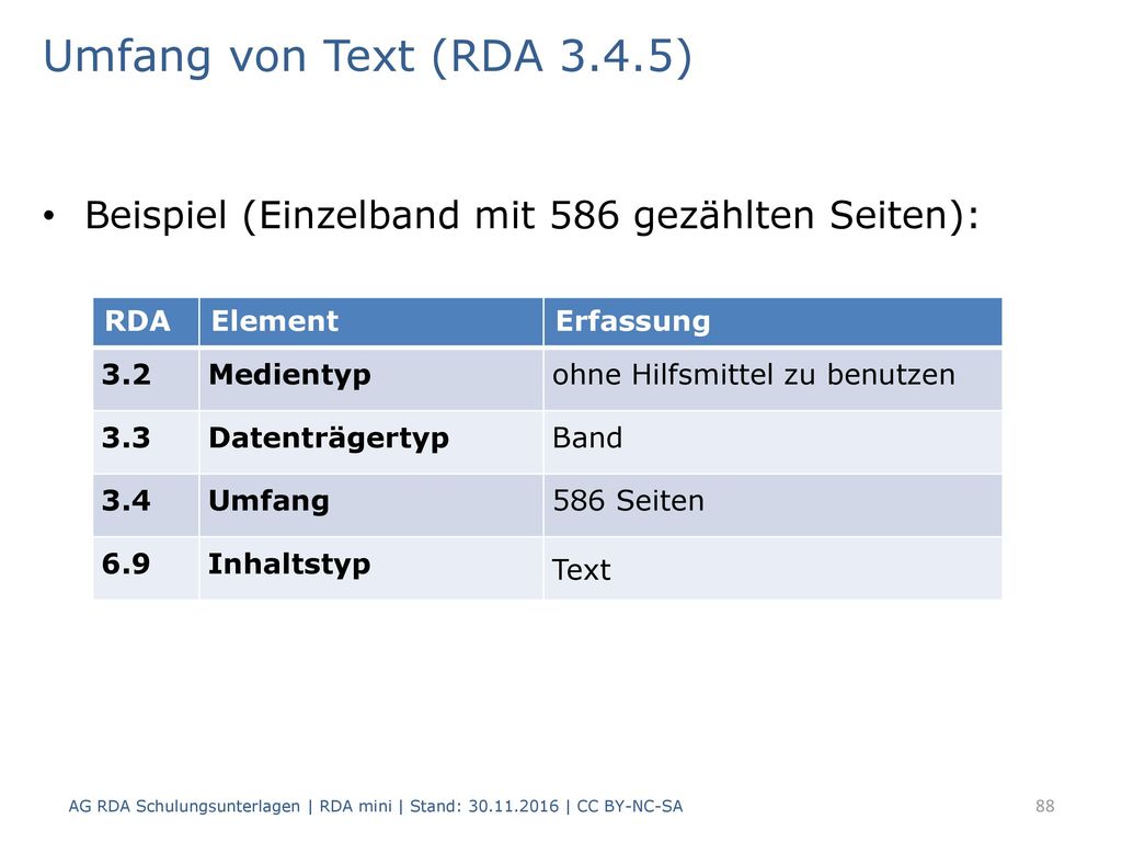 Umfang von Text (RDA 3.4.5) Beispiel (Einzelband mit 586 gezählten Seiten): RDA. Element. Erfassung.