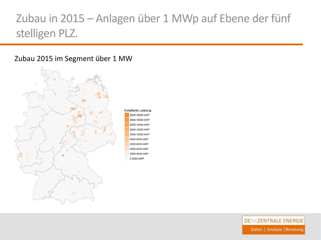 Zubau in 2015 – Anlagen über 1 MWp auf Ebene der fünf stelligen PLZ.