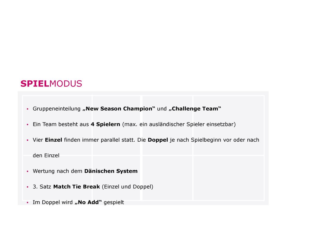 SPIELMODUS Gruppeneinteilung „New Season Champion und „Challenge Team Ein Team besteht aus 4 Spielern (max. ein ausländischer Spieler einsetzbar)