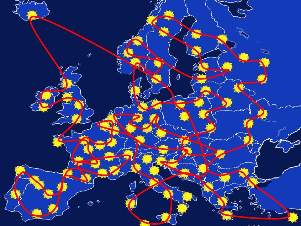 Europakarte Von oben gesehen, würde sich Europa am so zeigen: Der rote Faden stellt die Verbindung der lokalen Veranstaltungen dar.